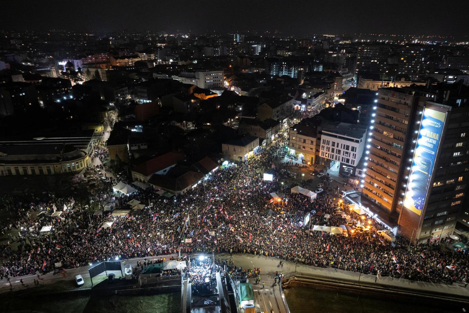A drone view shows demonstrators attending a protest over the fatal November 2024 Novi Sad railway station roof collapse, in Kragujevac, Serbia February 15, 2025. REUTERS/Marko Djurica Photo: MARKO DJURICA/REUTERS