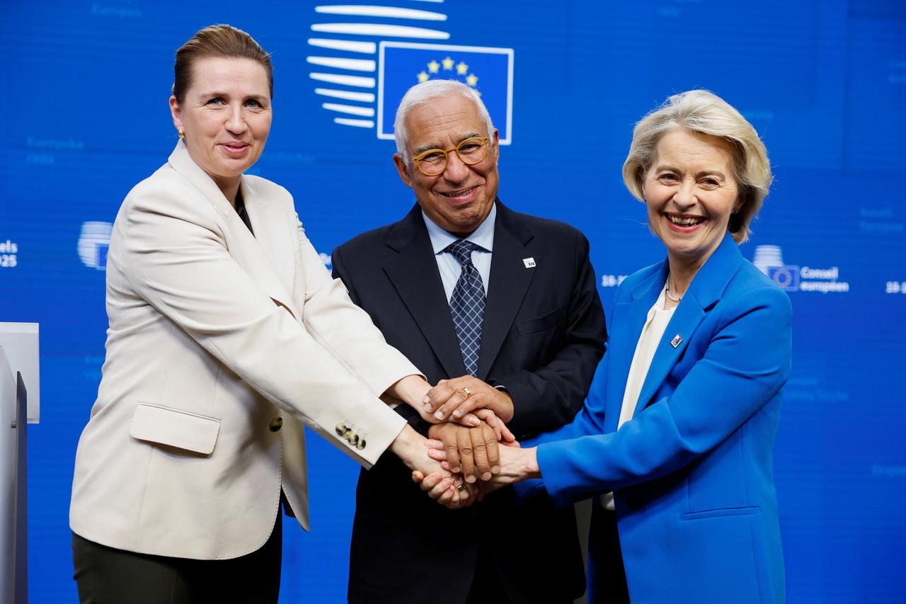 Denmark's Prime Minister Mette Frederiksen, European Council President Antonio Costa and European Commission President Ursula von der Leyen hold a press conference during a European Union leaders' summit, in Brussels