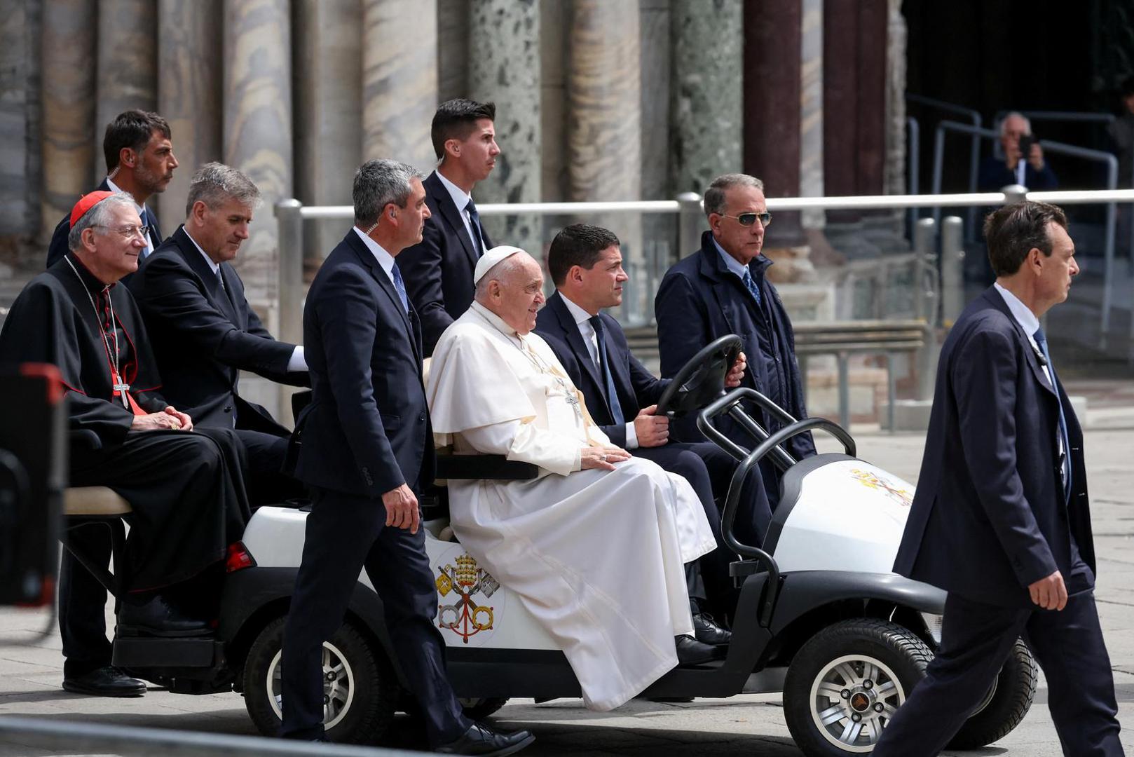 Pope Francis rides a vehicle in Saint Mark's Square, on the day he celebrates the Holy Mass, in Venice, Italy, April 28, 2024. REUTERS/Claudia Greco Photo: CLAUDIA GRECO/REUTERS