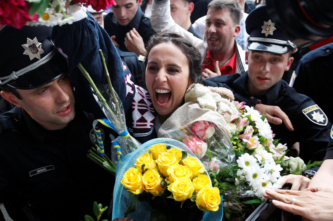 Crimean Tatar singer Susana Jamaladinova, known as Jamala, who won the Eurovision Song Contest, reacts during a welcoming ceremony upon her arrival at Boryspil International Airport outside Kiev, Ukraine, May 15, 2016. REUTERS/Roman Baluk
