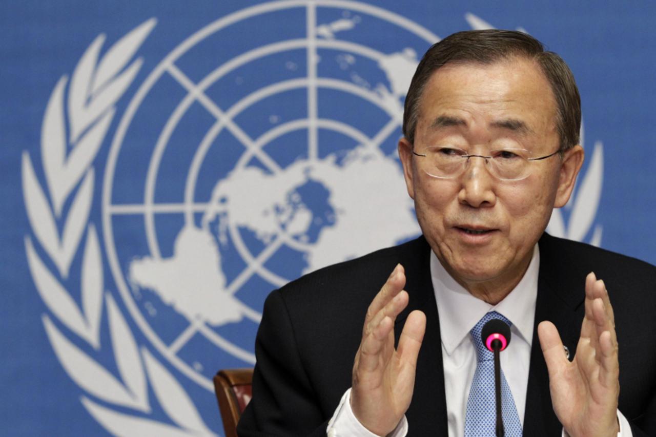 'U.N. Secretary-General Ban Ki-moon addresses a news conference at the United Nations European headquarters in Geneva in this May 11, 2011 file photo. Ban is planning to formally announce his candidac