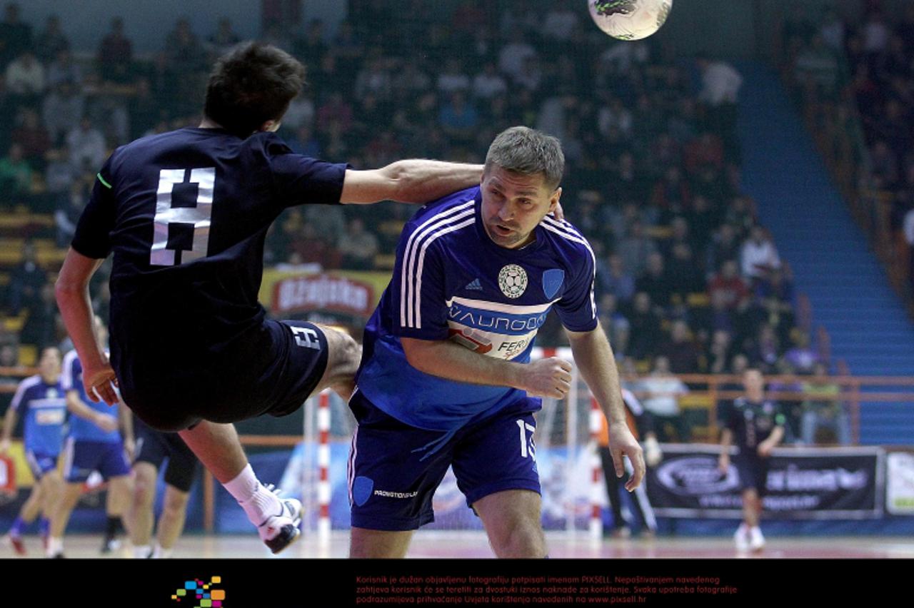 '26.12.2012., Zagreb - Tradicionalni 42. malonogometni turnir Kutija Sibica 2012., cetvrtina finala, GPV Elkro Gospic - PromotionPlay, 0-2. Korab Morina, Kresimir Civrag.  Photo: Goran Stanzl/PIXSELL'