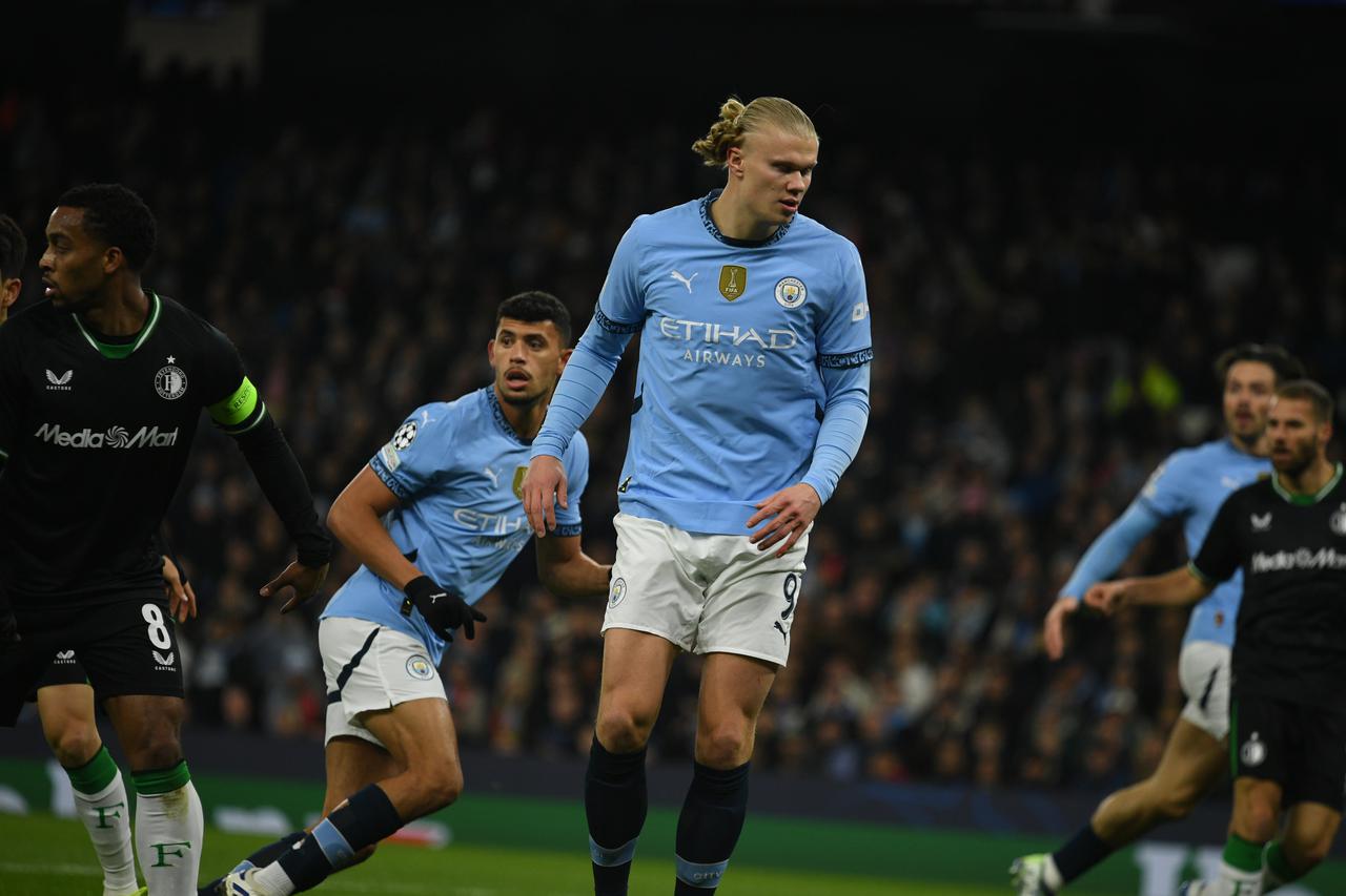 Erling Haaland in action during the UEFA 2024 Champions League group match between Manchester City and Feyenoord, City of Manchester Stadium, November 26th, 2024