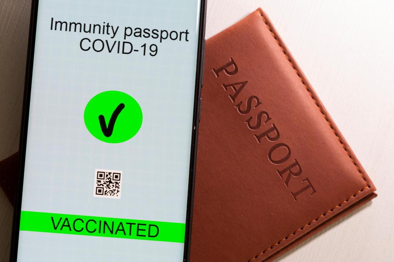 A smartphone with displayed "Immunity passport COVID-19" is placed on a passport in this illustration picture