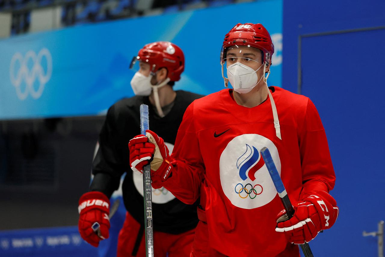 FILE PHOTO: Russian ice hockey players training at the Beijing Olympics