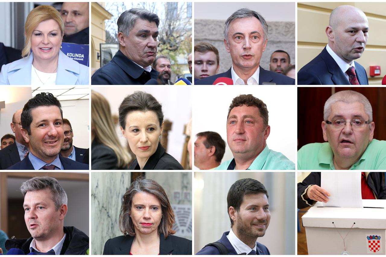 Kolinda Grabar-Kitarović, Zoran Milanović, Miroslav Škoro, Mislav Kolakušić, Dejan Kovač, Dalija Orešković, Nedjeljko Babić, Anto Đapić, Milan Bandić (ex Juričan), Katarina Peović, Ivan Pernar (slijeva nadesno)