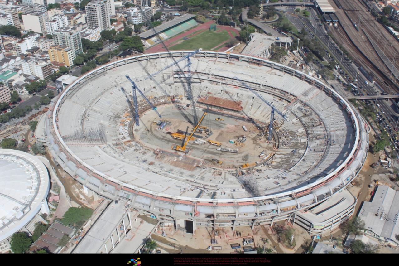 'Aerial view of works at the Maracana stadium in the north of Rio de Janeiro, southeastern Brazil, on October 5, 2012. The stadium is undergoing renovations to host the FIFA World Cup 2014. Photo: Car