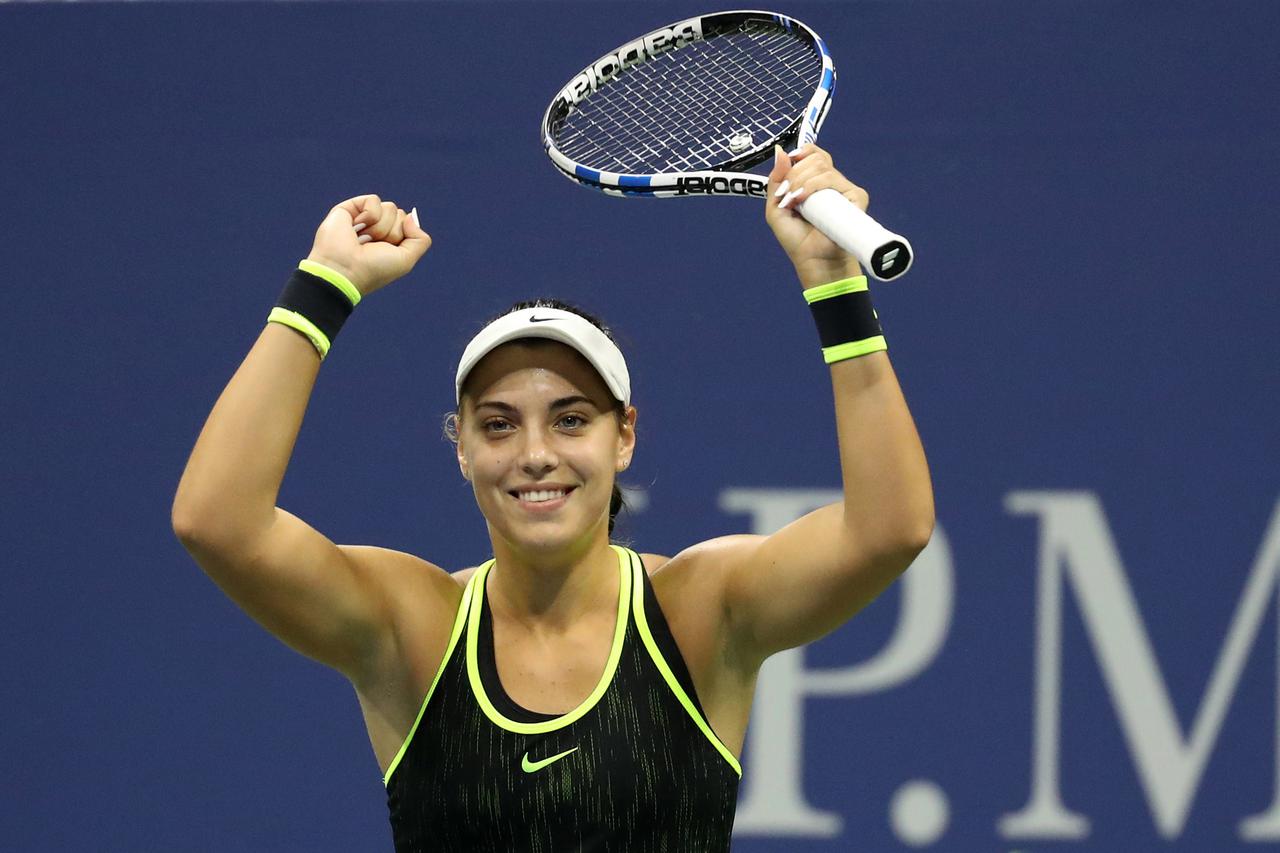 Sep 5, 2016; New York, NY, USA; Ana Konjuh of Croatia celebrates after winning match point against Agnieszka Radwanska of Poland (not pictured) on day eight of the 2016 U.S. Open tennis tournament at USTA Billie Jean King National Tennis Center. Konjuh wo