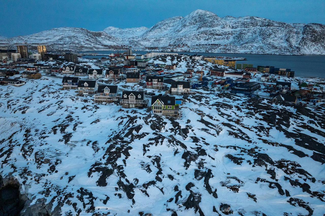 A drone view shows a general view of Nuuk