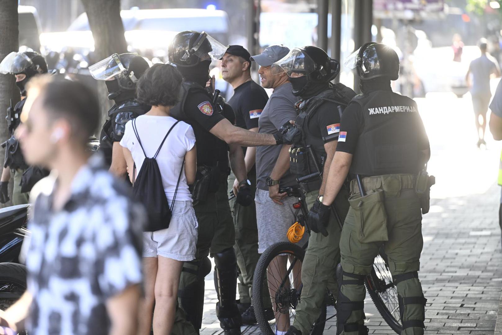 04, July, 2025, Belgrade - The police detained a citizen at Republic Square who, while the intersection was blocked, was riding a bicycle and shouting "Pumpaj". Photo: M.M./ATAImages

04, jul, 2025, Beograd - Policija je na Trgu republike privela gradjanina koji je dok je trajala blokada raskrsnice prolazio na biciklu i uzviknuo "Pumpaj". Photo: M.M./ATAImages Photo: M.M./ATAImages/PIXSELL