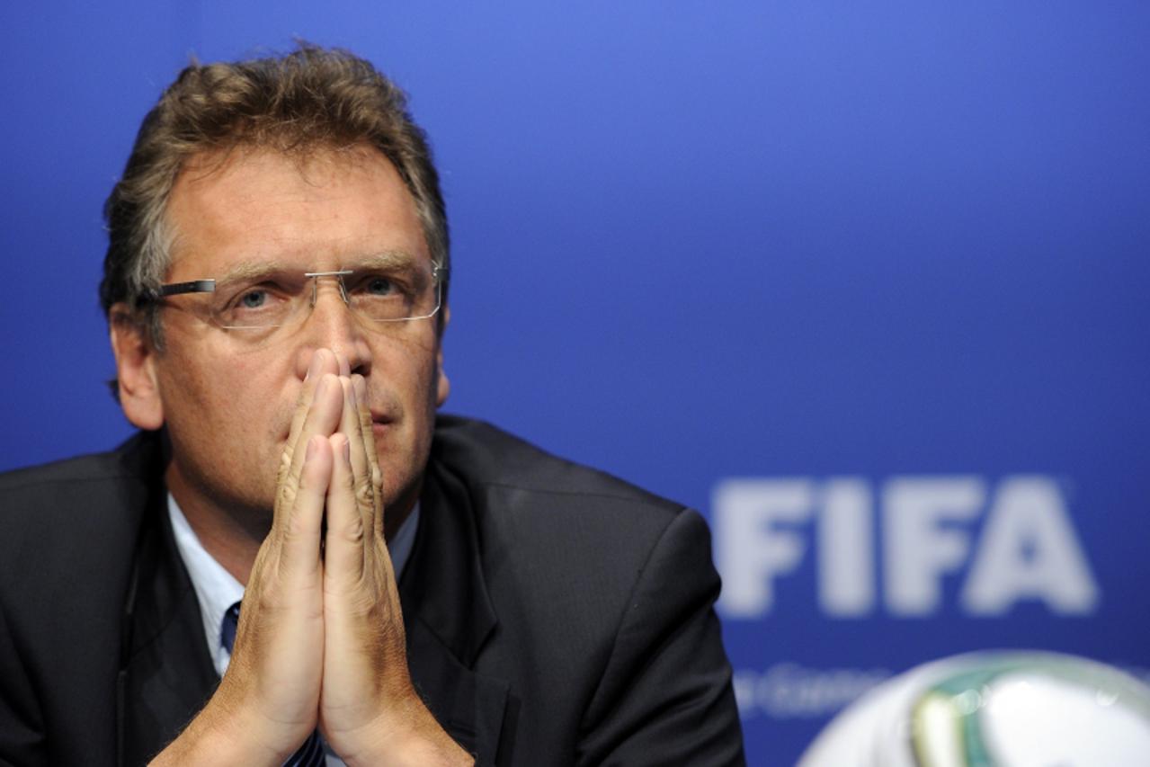 'FIFA General Secretary Jerome Valcke looks on during a press conference following hearings over bribery allegations at the football\'s world governing body FIFA Headquarters on May 29, 2011 in Zurich