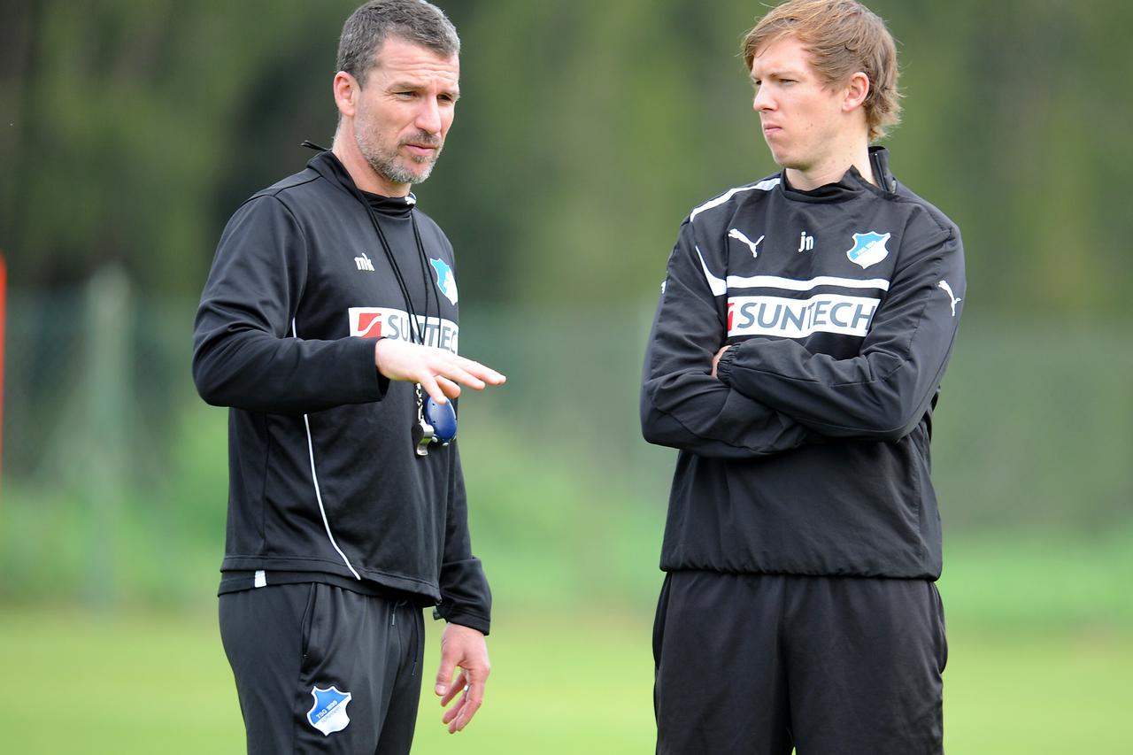 Marco Kurz und Julian Nagelsmann Portimao, 09.01.2013, 1.Fussball Bundesliga, Saison 12/13, TSG 1899 Hoffenheim - Trainingslager in Portimao Portugal, Foto: APF  Veroeffentlichung nur gegen Honorar, zahlbar an -  APF - Agentur fuer professionelle Fotograf