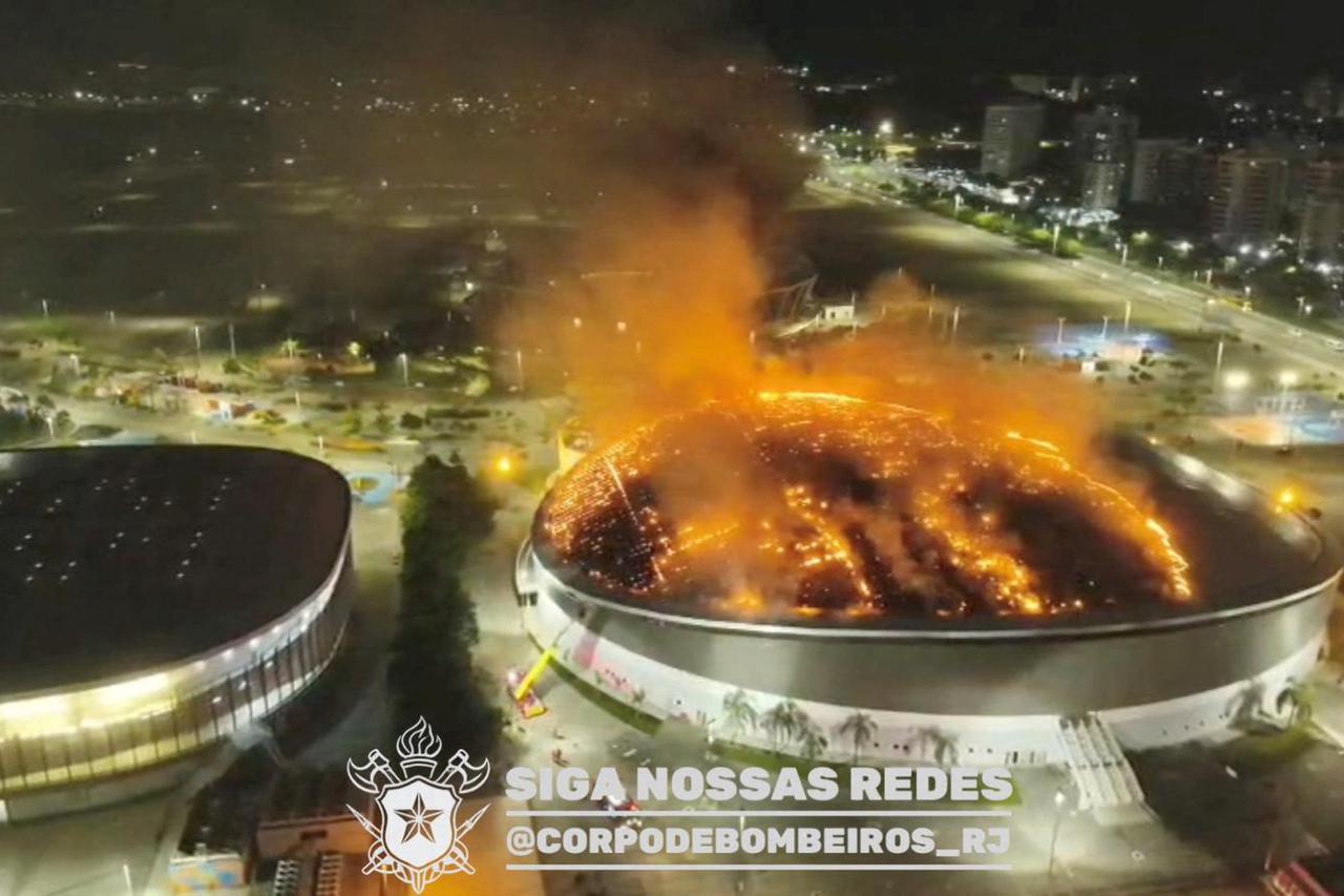 Flames and smoke rise from a fire at the Velodrome in the Olympic Park in Rio de Janeiro