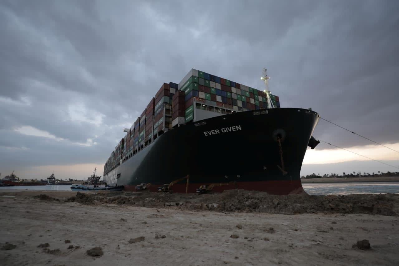 Stranded container ship Ever Given, one of the world's largest container ships, is seen after it ran aground, in Suez Canal