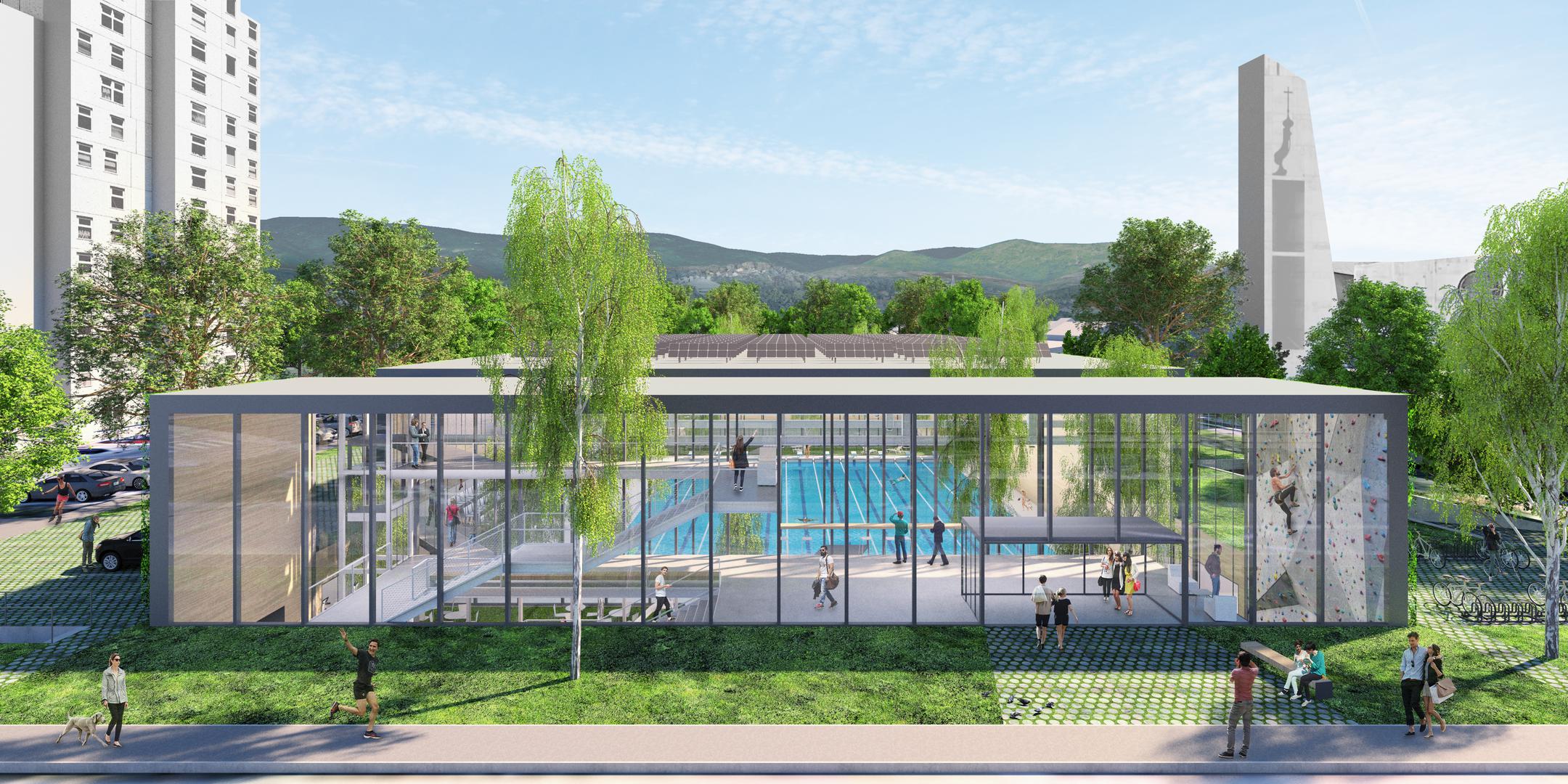 Prvonagrađeni rad djelo je tima iz Radionice arhitekture, koji je u zgradu smjestio i “dvostruki” kafić u koji će gosti u cipelama ulaziti iz hola, a kupači bosih nogu ili u šlapama kroz atrij