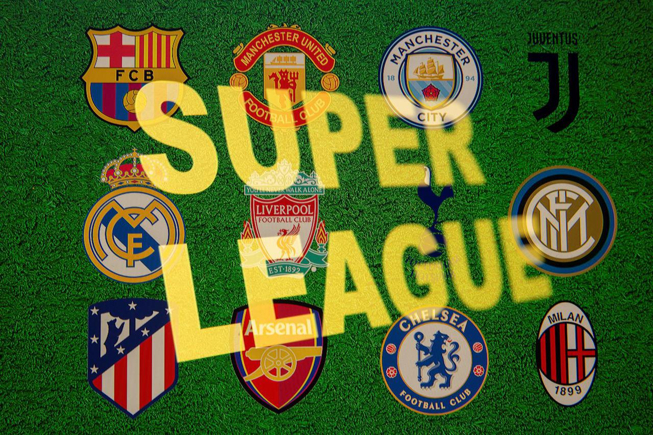 FILE PHOTO: Super League words are seen in front of twelve of Europe's top football clubs logos in this illustration