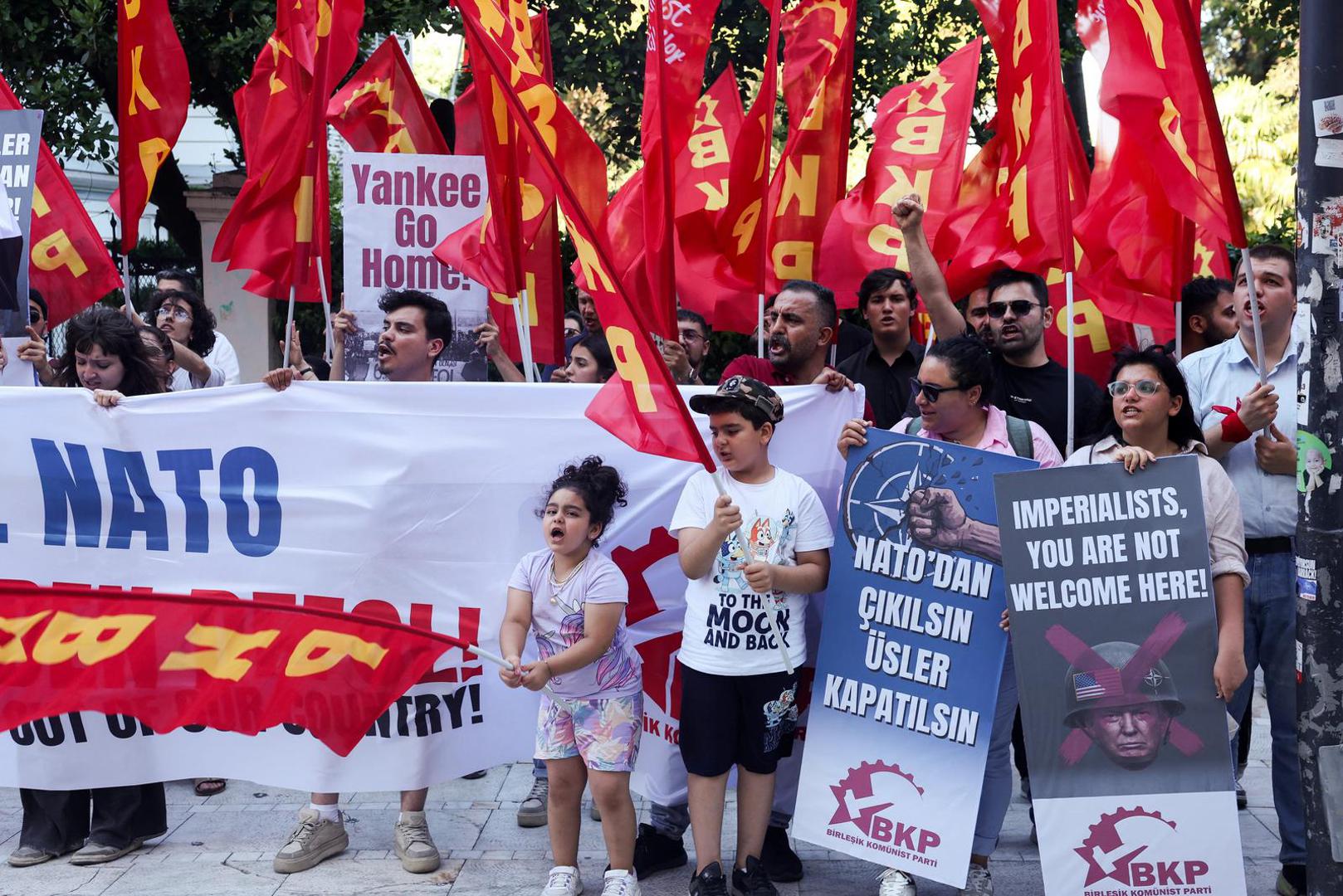 Demonstrators hold placards, flags and a banner during a protest ahead of NATO leaders' summit, in Istanbul, Turkey, July 5, 2026. REUTERS/Dilara Senkaya Photo: DILARA SENKAYA/REUTERS