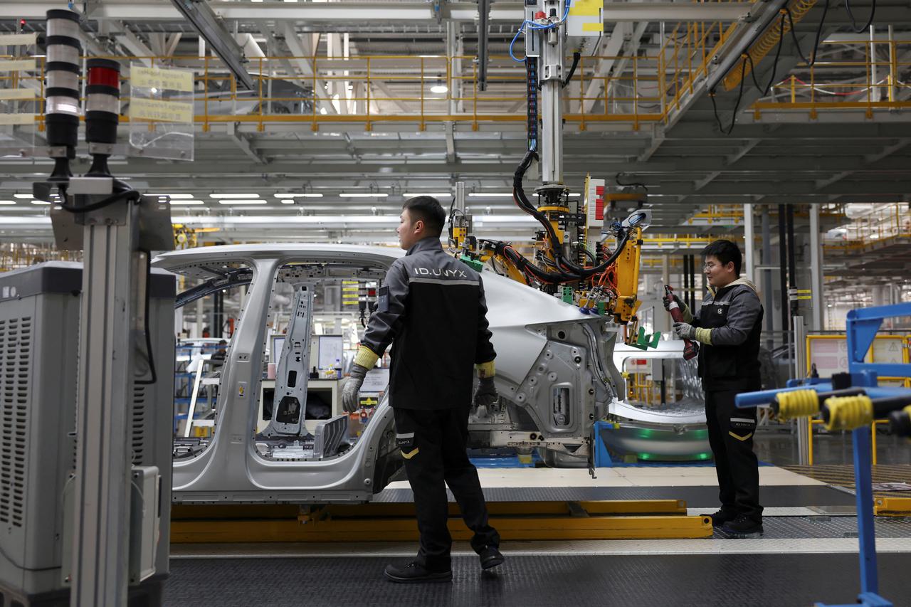 Electric vehicle production line at Volkswagen factory in Hefei