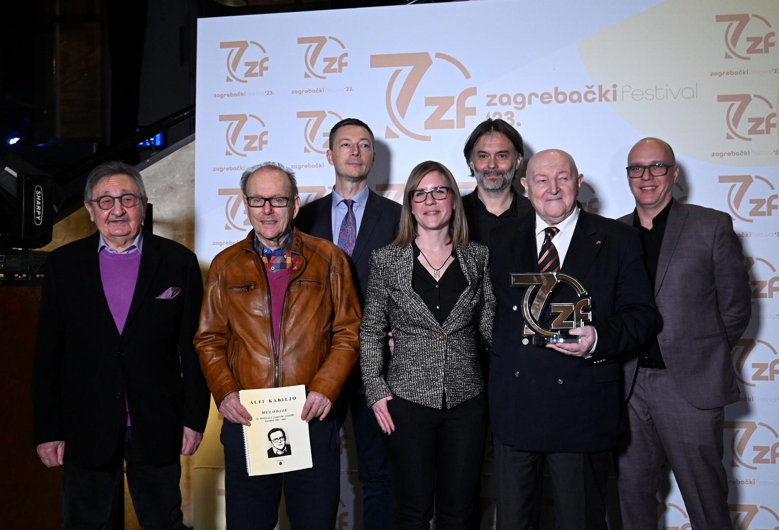 15.03.2023., Zagreb - 70 godina Zagrebackog festivala, promocija monografije i dodjela posebnog priznanja Dragi Diklicu. Vojo Siljak, Alfi Kabiljo, Petra Balija, Drazen Klaric, Drago Diklic, Branimir Mihaljevic Photo: Marko Lukunic/PIXSELL