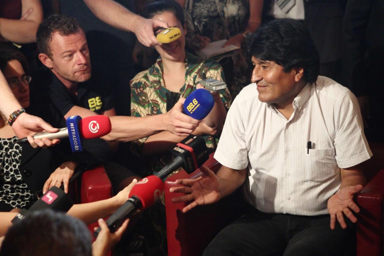 'Bolivian President Evo Morales addresses a news conference at the Vienna International Airport in Schwechat July 3, 2013. Morales said on Wednesday he was awaiting Spanish permission to fly home thro