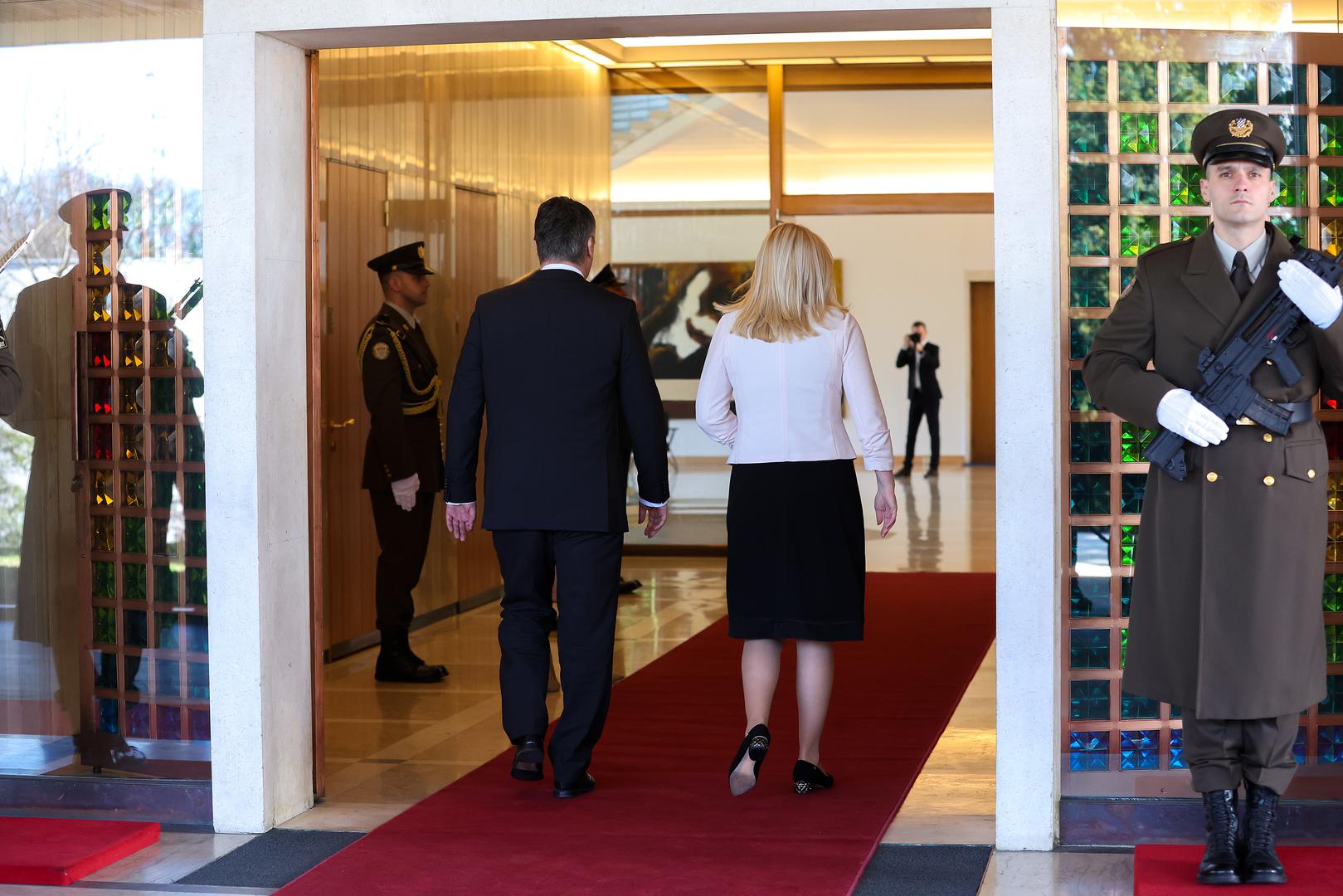 16.03.2023., Ured predsjednika Republike Hrvatske, Zagreb - Predsjednik Republike Hrvatske Zoran Milanovic docekao je predsjedateljicu Predsjednistva Bosne i Hercegovine Zeljku Cvijanovic. Photo: Luka Stanzl/PIXSELL