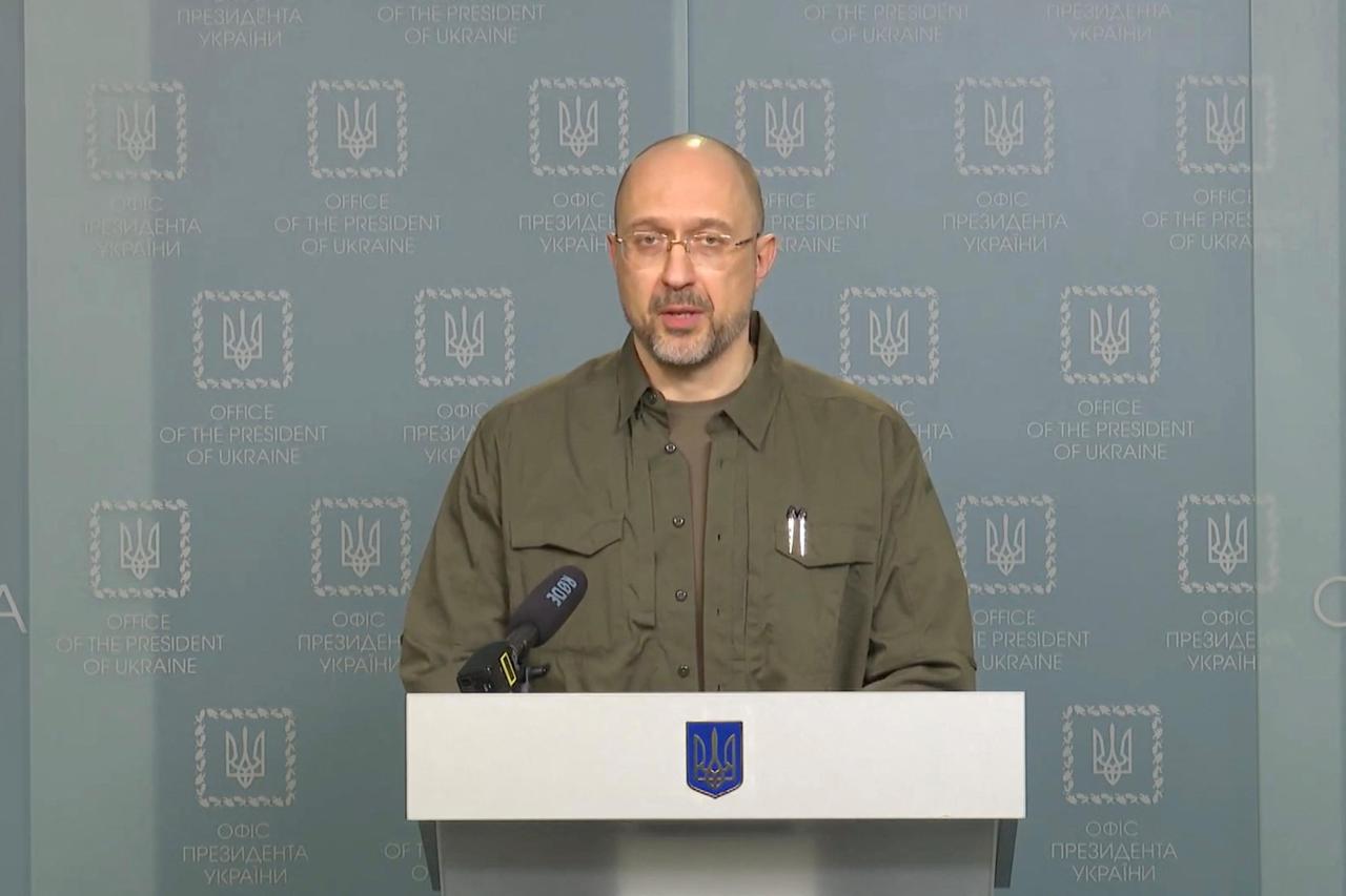 Ukrainian Prime Minister Denys Shmyhal speaks on the Chernobyl exclusion zone at a news briefing in Kyiv