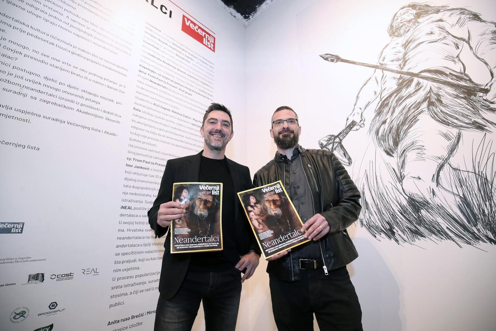 14.04.2022., Zagreb - Pod Zidom 12, galerija Cloverfeild. Otvaranje izlozbe Neandretalci. Zamjenik glavnog urednika Vecernjeg lista Mislav Simatovic zavrsnim je govorom sluzbeno proglasio izlozbu otvorenom. Mislav Simatovic i Marin Penavic. Photo: Sanjin Strukic/PIXSELL