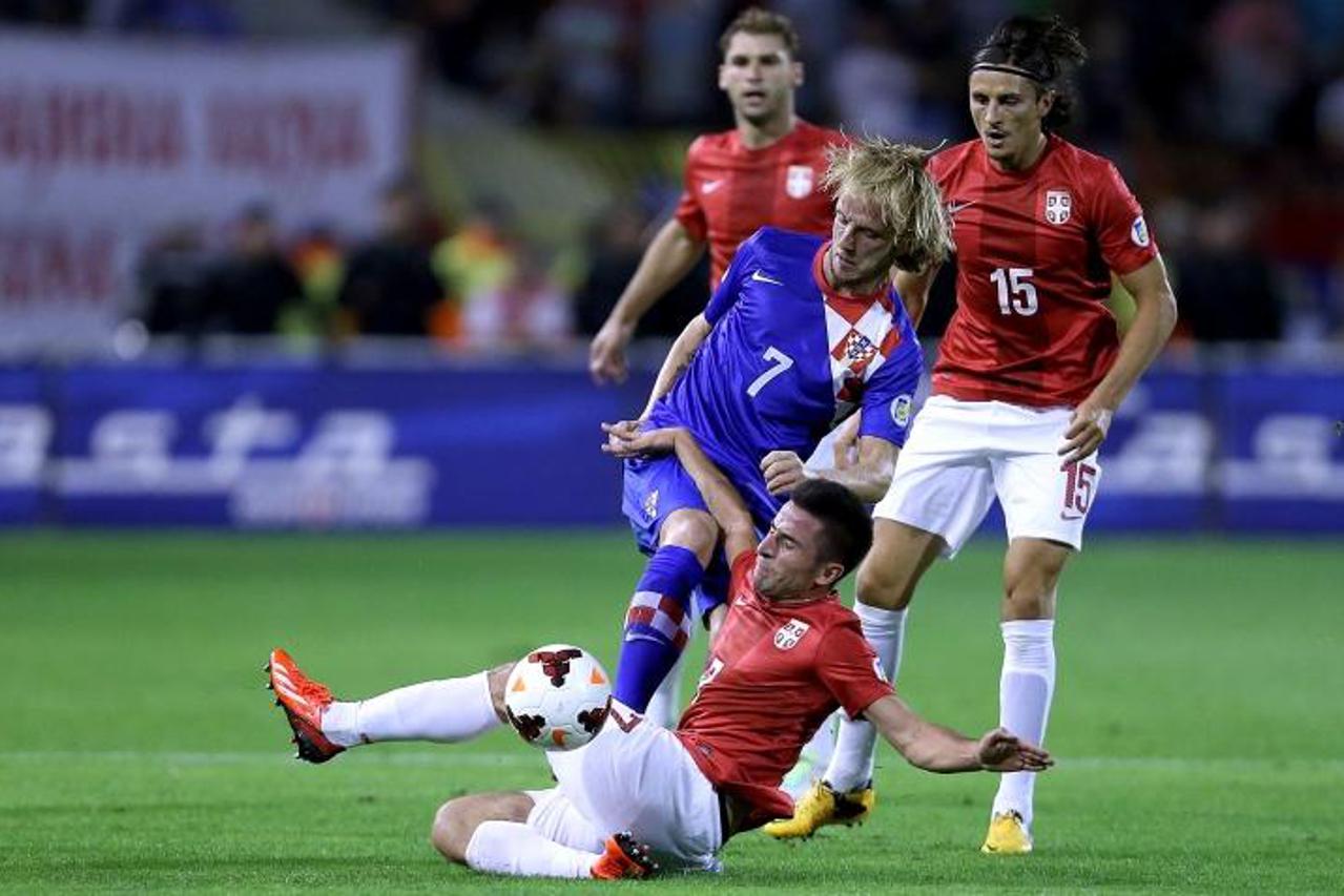 '06.09.2013., Stadion Crvena zvezda, Beograd - Kvalifikacijska nogometna utakmica za Svjetsko prvenstvo 2014. u Brazilu, skupina A, Srbija - Hrvatska. Ivan Rakitic, Zoran Tosic.  Photo: Goran Stanzl/P