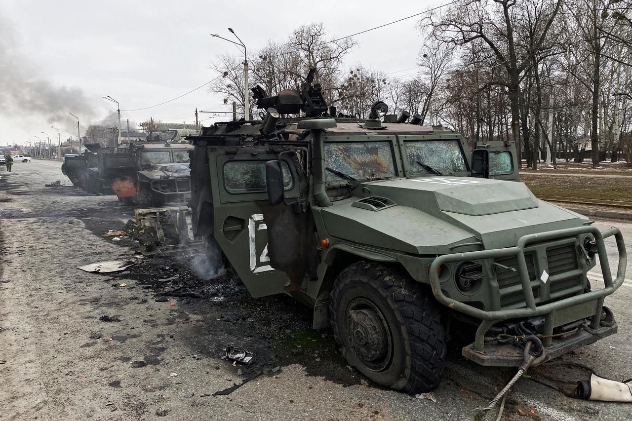 A view shows destroyed Russian Army all-terrain infantry mobility vehicles Tigr-M (Tiger) in Kharkiv