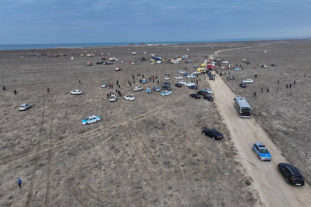 A view shows the wreckage of a passenger plane at the crash site near Aktau