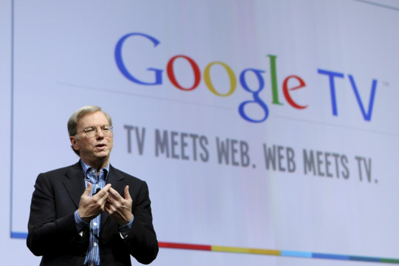 'Google Inc CEO Eric Schmidt introduces Google TV, blending web technology and television, in collaboration with various partners, at the company\'s annual developer conference in San Francisco, Calif