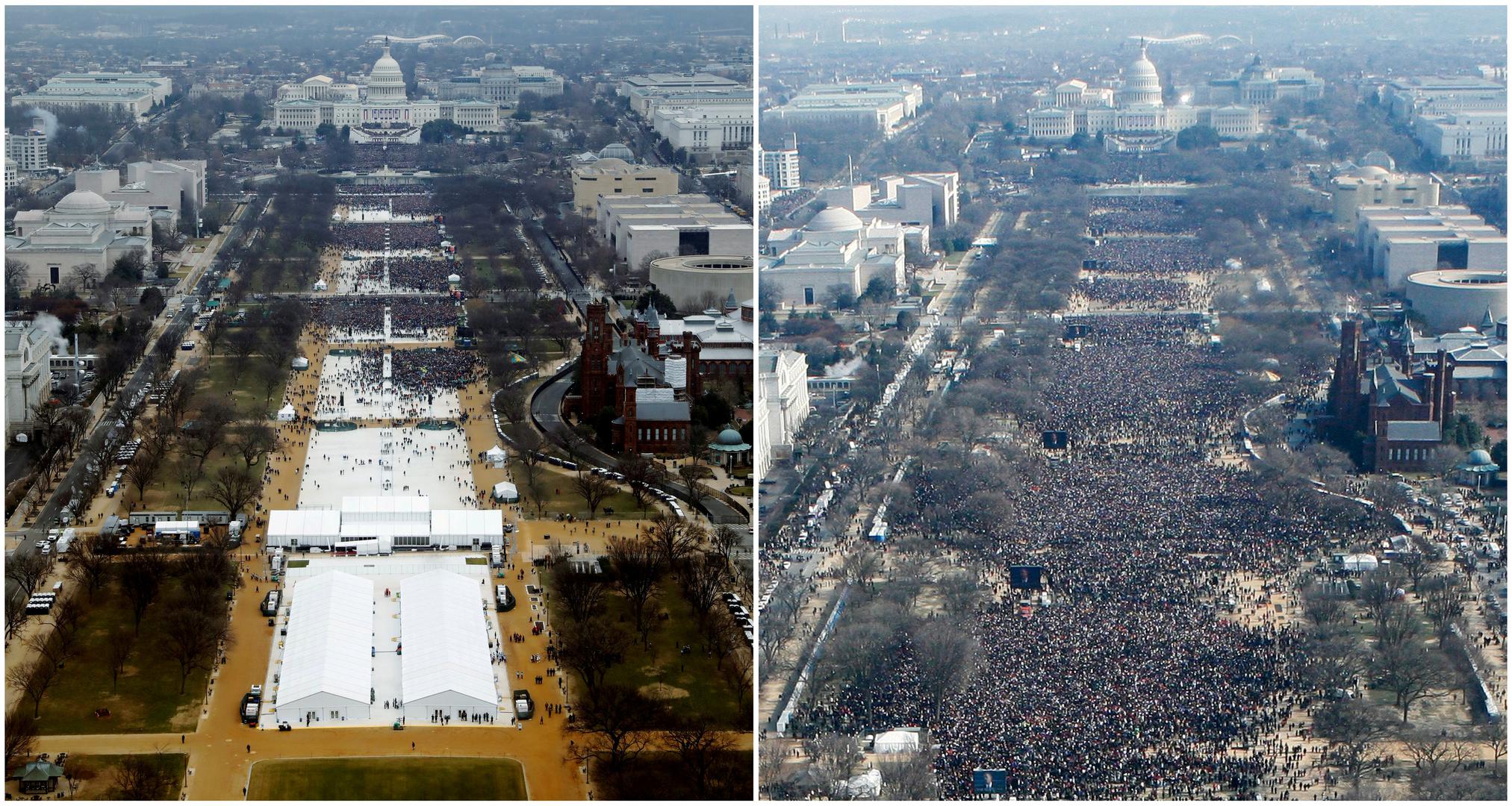 Kombinacija dviju fotografija s predsjedničkih inauguracija – lijevo s inauguracija Donalda Trumpa u siječnju 2017. i desno inauguracija Baracka Obame u siječnju 2009. u Washingtonu. 