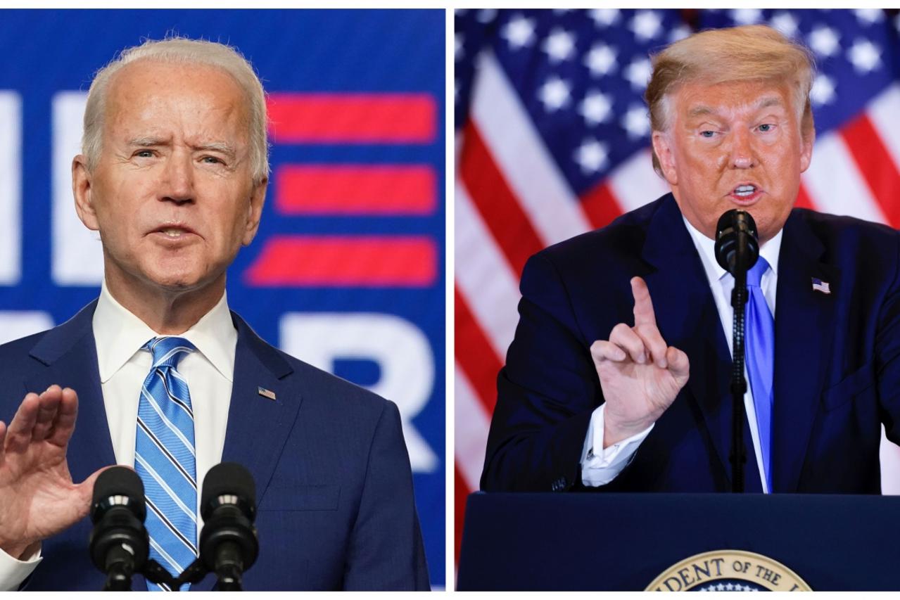 Combination picture of Democratic U.S. presidential nominee Joe Biden and U.S. President Donald Trump speaking about the early results of the 2020 U.S. presidential election, U.S.