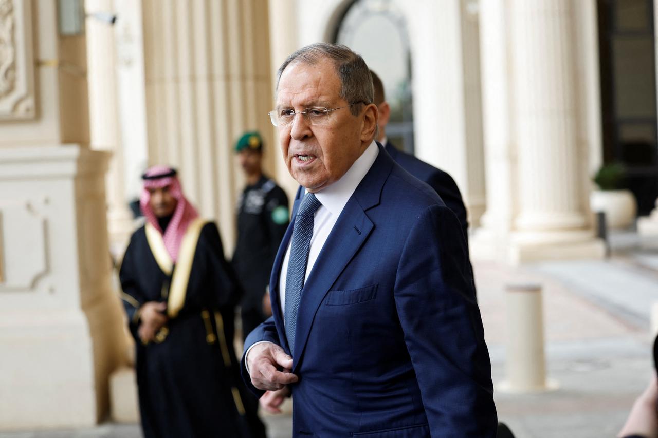 Russian Foreign Minister Sergei Lavrov leaves a hotel ahead of his meeting with a U.S. delegation in Riyadh, Saudi Arabia