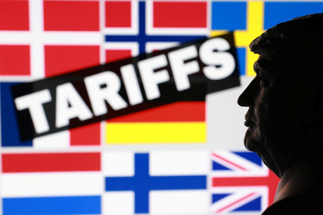 Illustration shows 3D-printed miniature model of U.S. President Donald Trump and flags of eight European countries