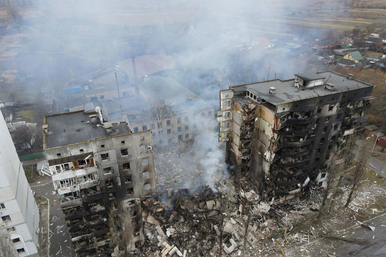 An aerial view shows a residential building destroyed by shelling in Borodyanka
