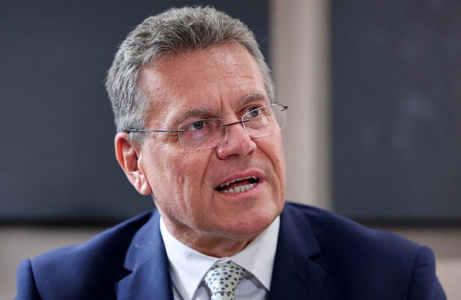 FILE PHOTO: European Commissioner for Trade and Economic Security Maros Sefcovic speaks to media