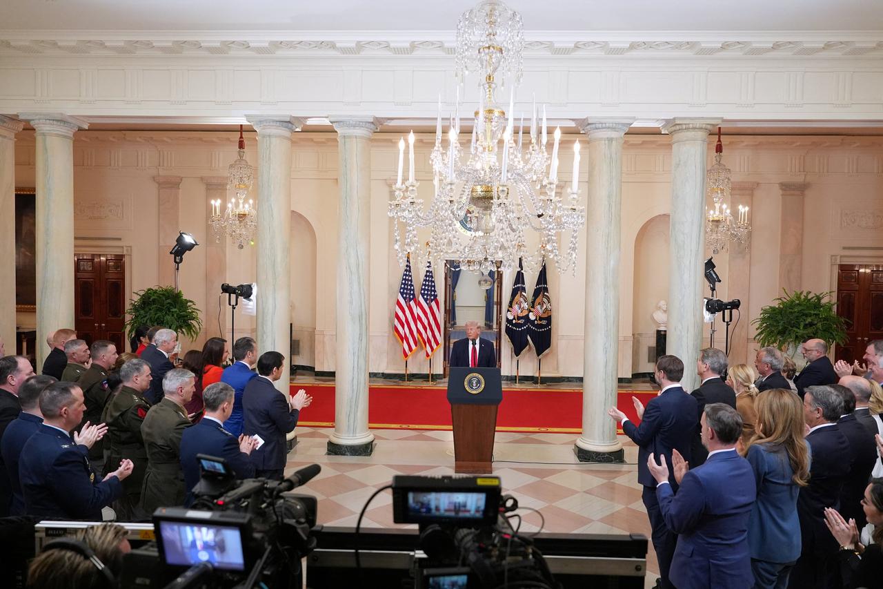 U.S. President Donald Trump delivers an address to the nation about the Iran war at the White House in Washington