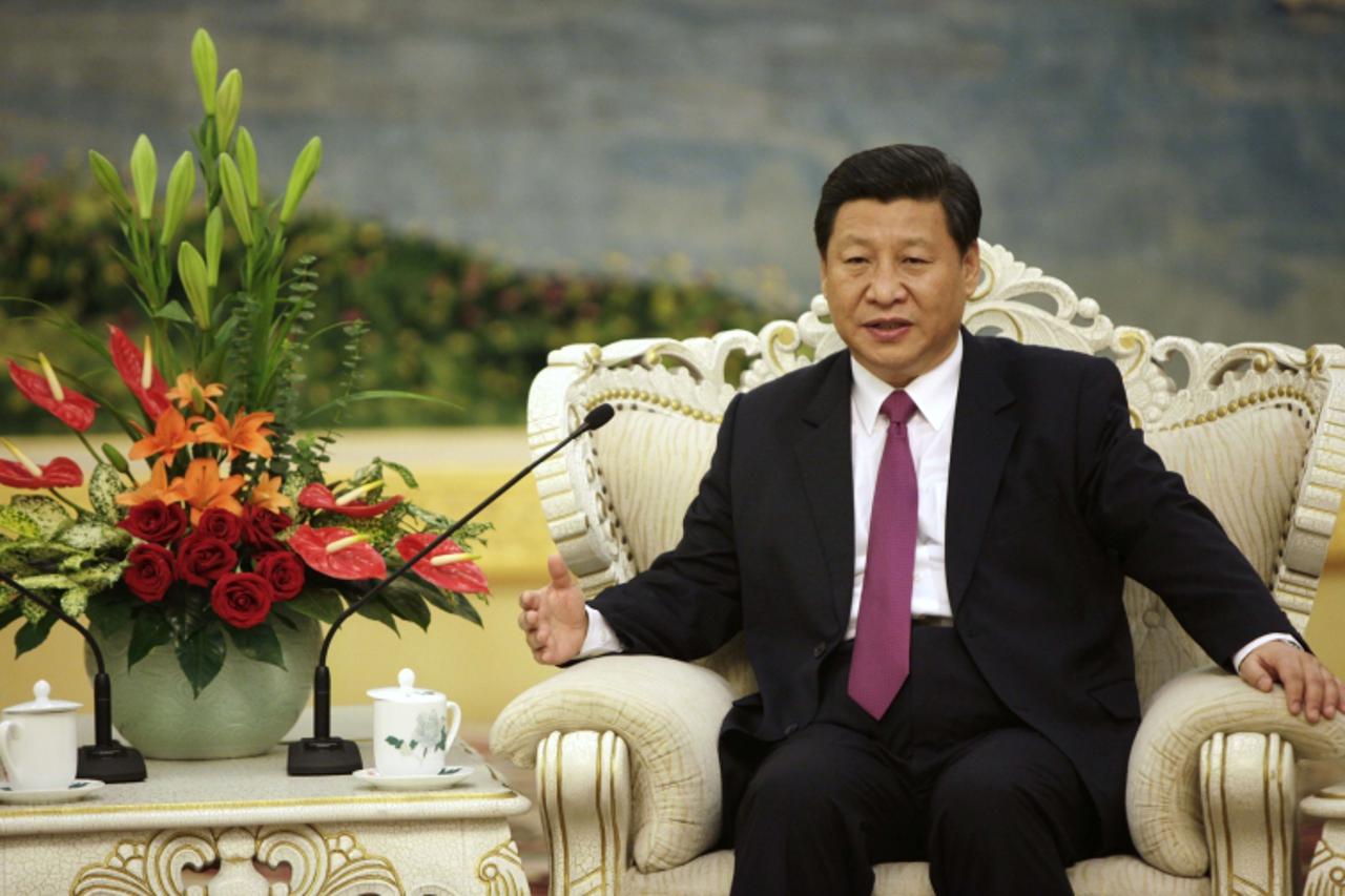 'Chinese Vice-President Xi Jinping speaks to Egypt\'s President Mohamed Morsi (not pictured) during their meeting in the Great Hall of the People in Beijing on August 29, 2012.  Morsi is seeking in hi