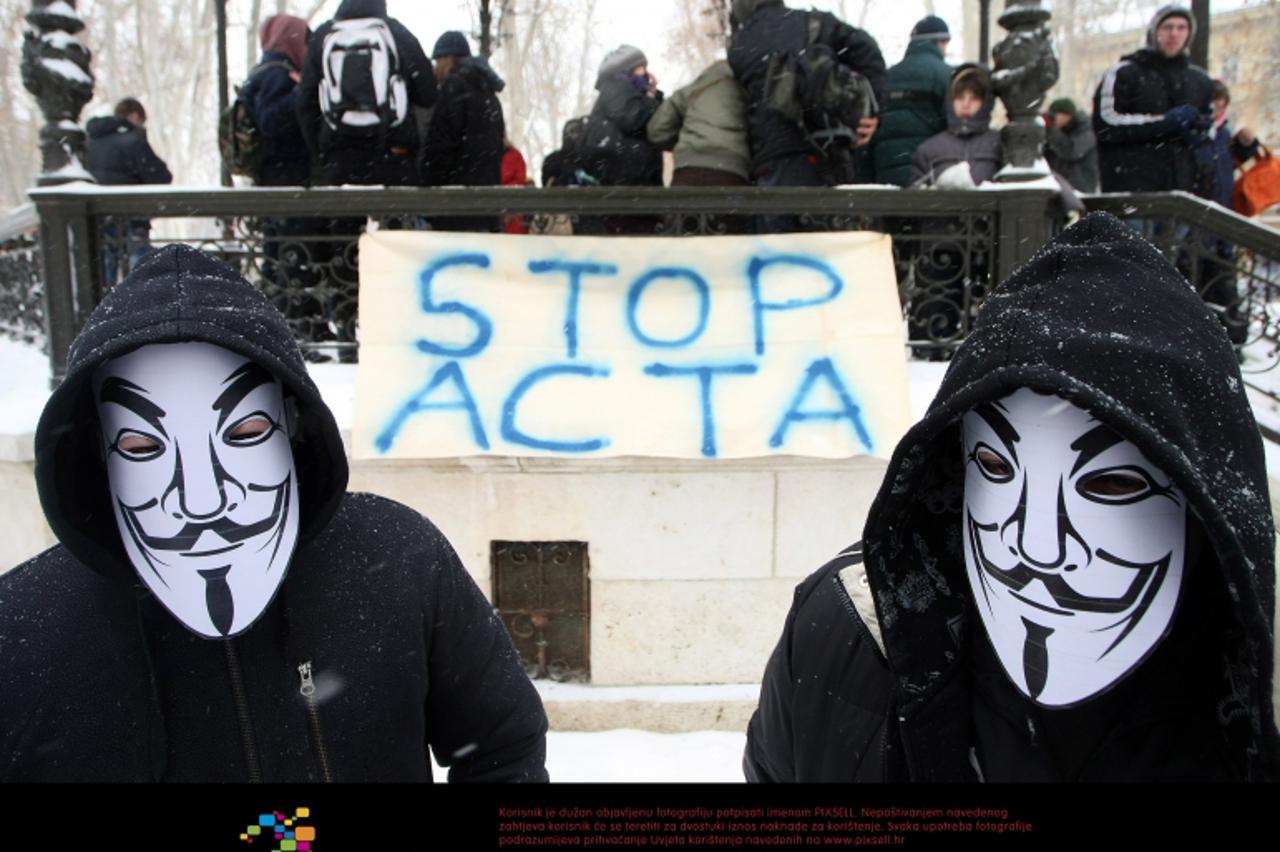'11.02.2012., Zagreb - Na Zrinjevcu ispred Ministarstva vanjskih poslova organiziran je prosvjed protiv ACTA-e. Photo: Petar Glebov/PIXSELL'