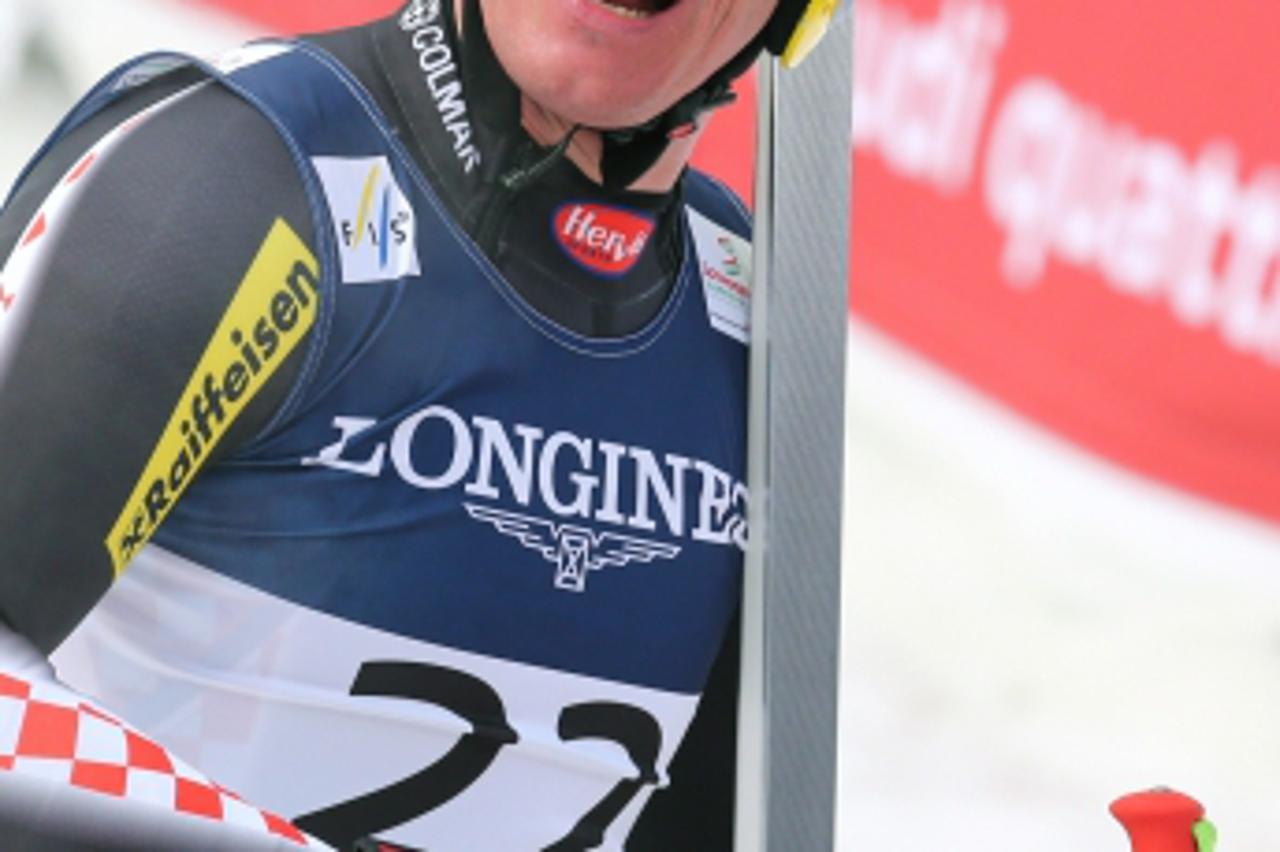 'Ivica Kostelic of Croatia reacts during the men's super combined-downhill at the Alpine Skiing World Championships in Schladming, Austria, 11 February 2013. Photo: Karl-Josef Hildenbrand/dpa/DPA/PIX