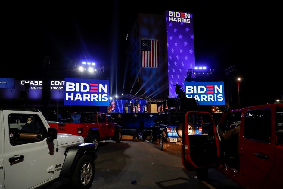 Democratic presidential nominee Joe Biden holds his 2020 U.S. presidential election night rally in Wilmington, Delaware