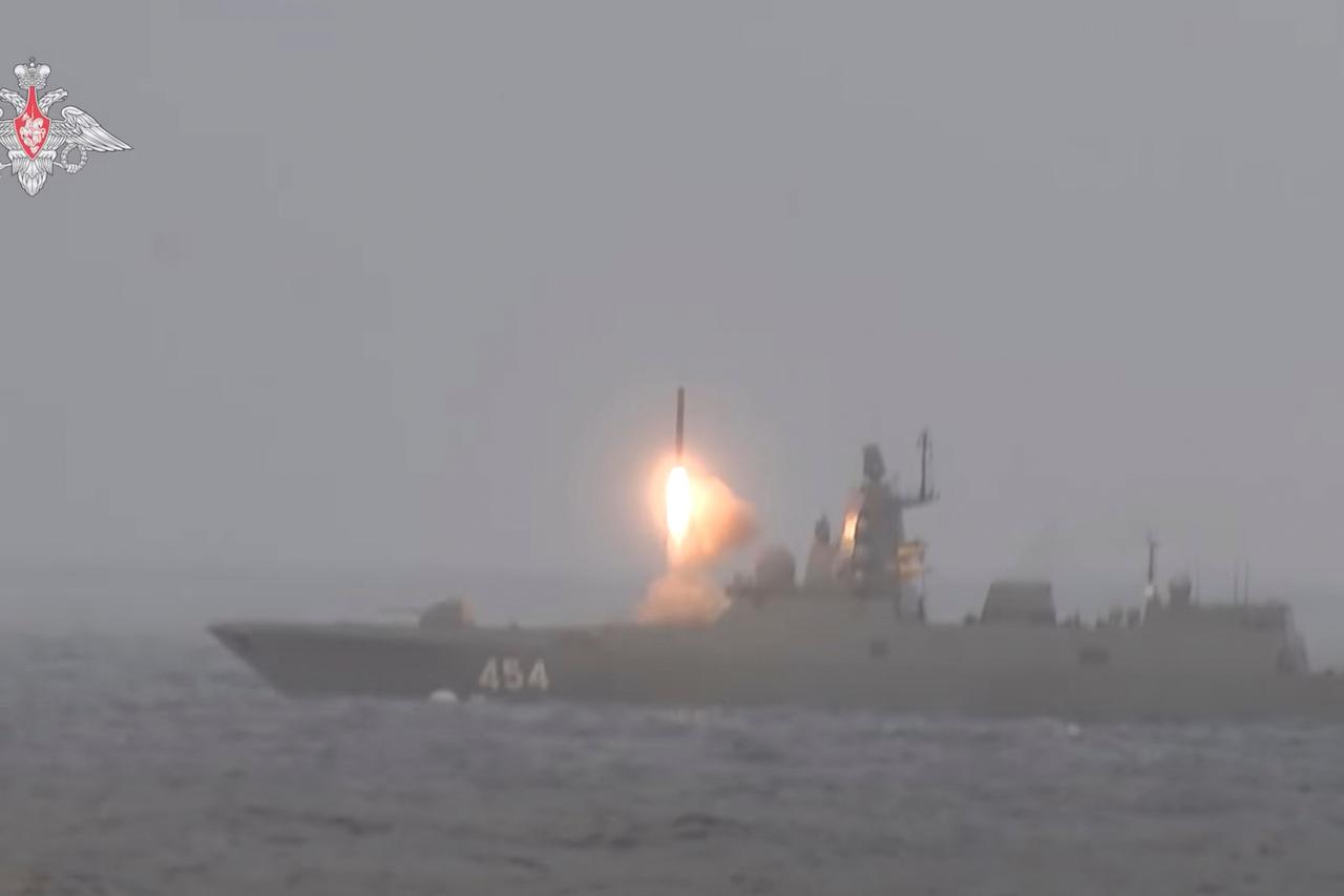 Russian guided missile frigate Admiral Gorshkov fires the Tsirkon hypersonic missile during the exercises by nuclear forces