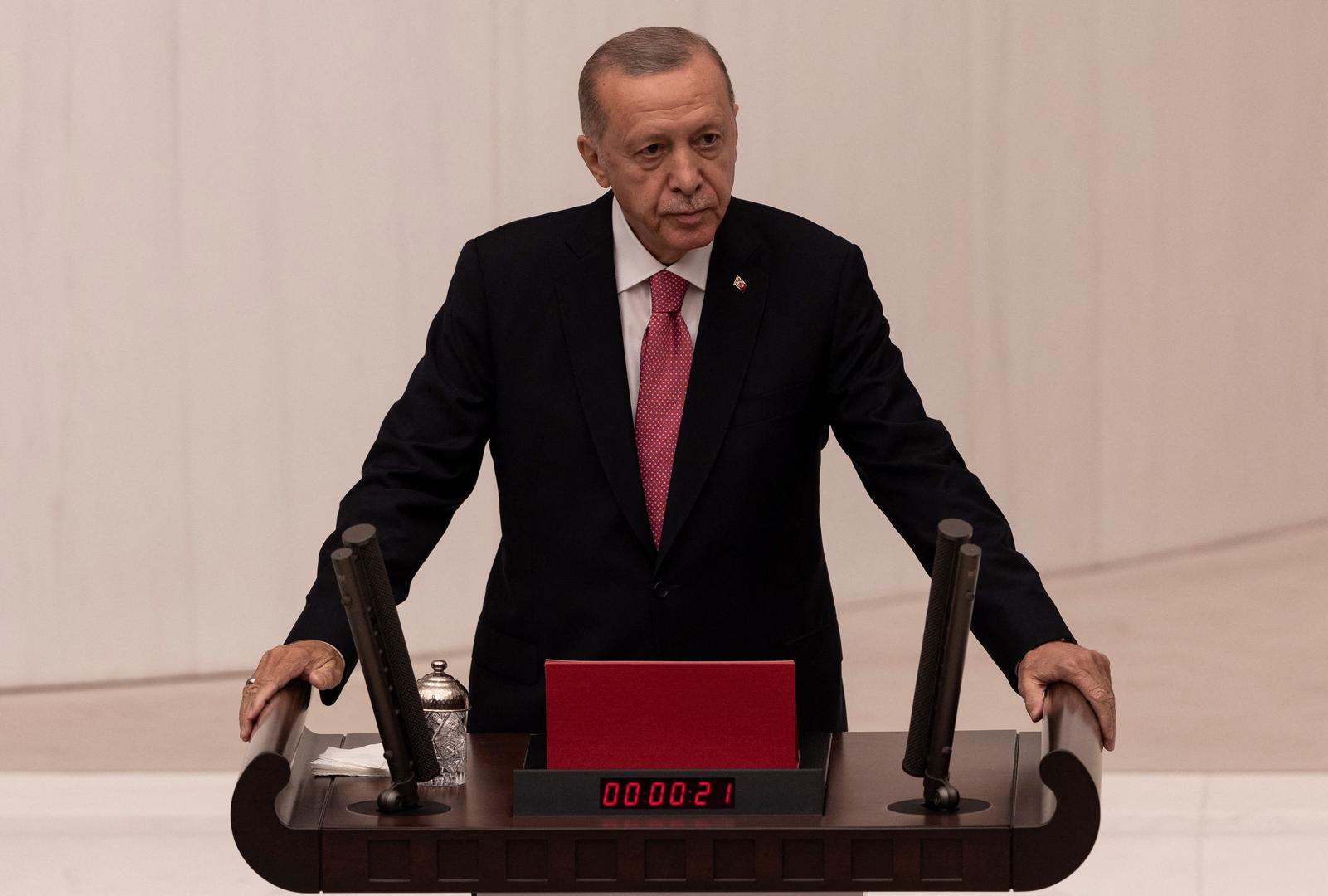 Turkish President Tayyip Erdogan takes oath after his election win at the parliament in Ankara, Turkey, June 3, 2023. REUTERS/Umit Bektas Photo: UMIT BEKTAS/REUTERS