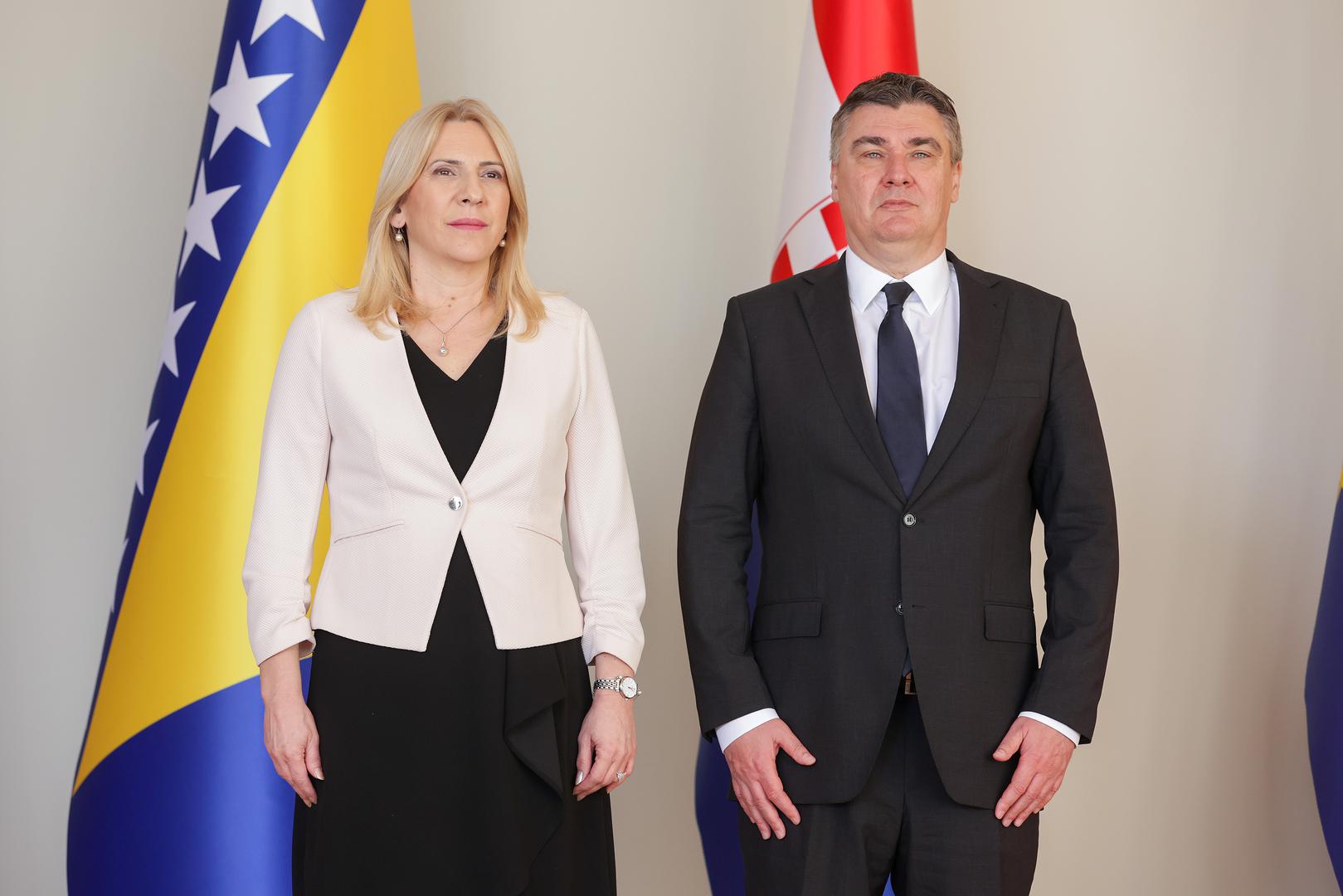 16.03.2023., Ured predsjednika Republike Hrvatske, Zagreb - Predsjednik Republike Hrvatske Zoran Milanovic docekao je predsjedateljicu Predsjednistva Bosne i Hercegovine Zeljku Cvijanovic. Photo: Luka Stanzl/PIXSELL