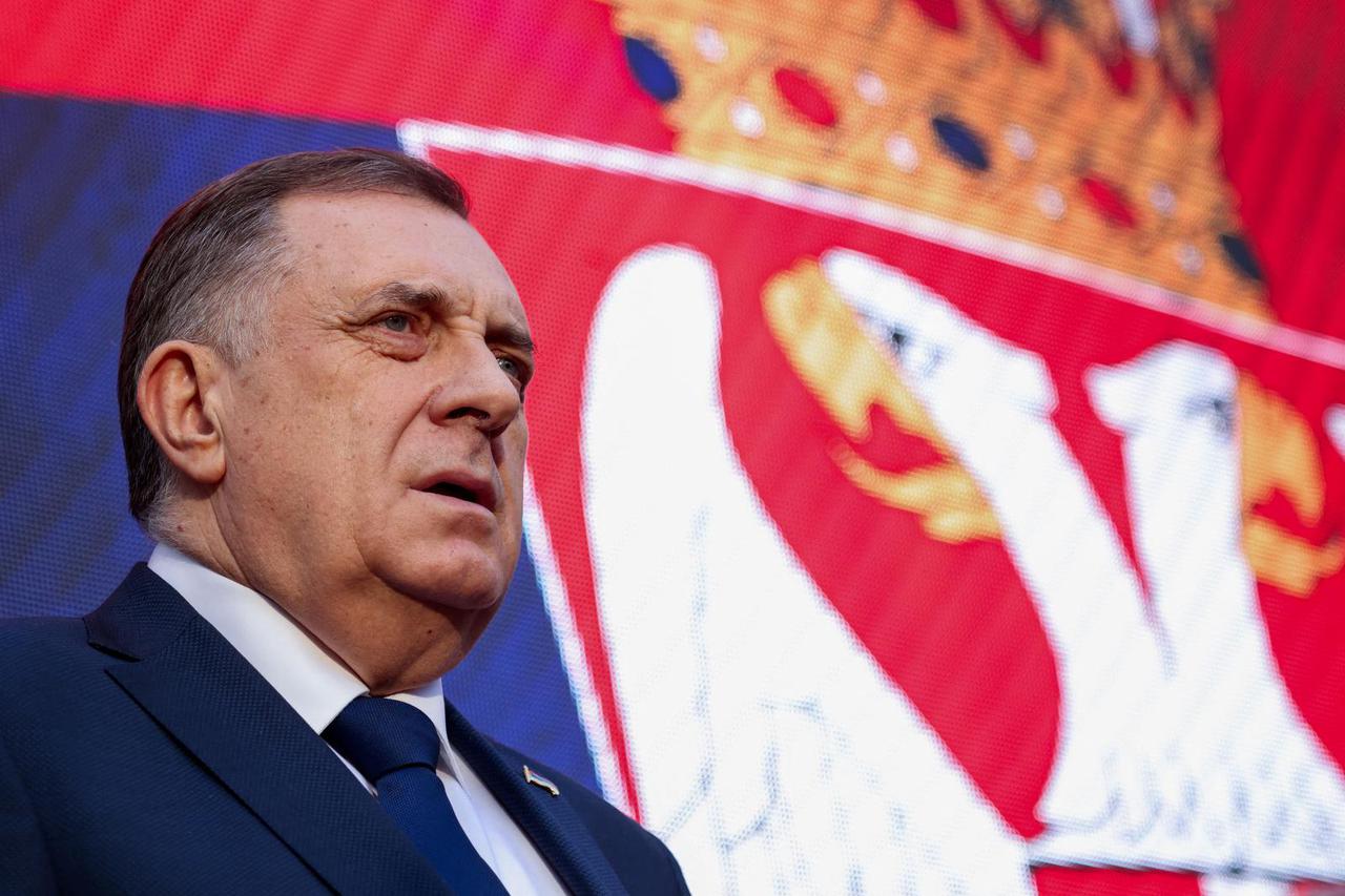 President of Republika Srpska (Serb Republic) Milorad Dodik addresses supporters during a protest in Banja Luka
