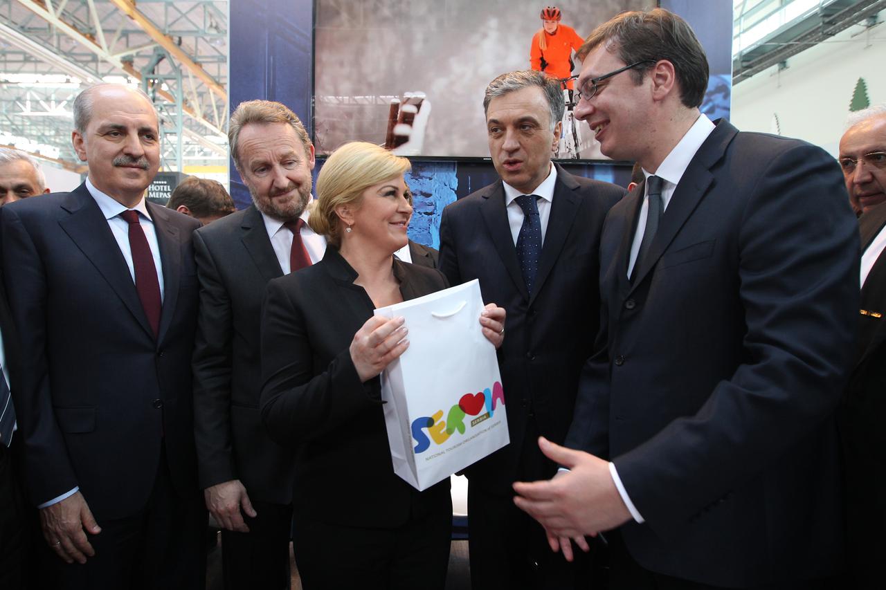 12.04..2016., Mostar, Bosna i Hercegovina - Svecano otvaranje Medjunarodnog mostarskog sajma gospodarstva. Na otvaranju su bili nazocni predsjednica RH Kolinda Grabar Kitaovic, premijer RS Aleksandar Vucic, predsjednik CG Filip Vujanovic i clanovi Predsje