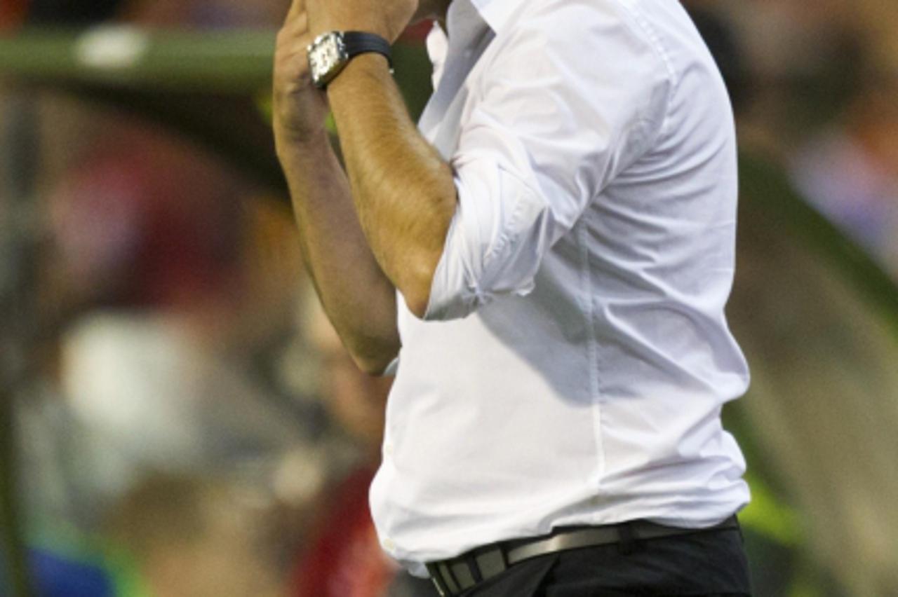 'Belgium\'s coach Marc Wilmots reacts during the friendly soccer match against the Netherlands at the King Baudouin stadium in Brussels August 15, 2012. REUTERS/Michael Kooren (BELGIUM - Tags: SPORT S