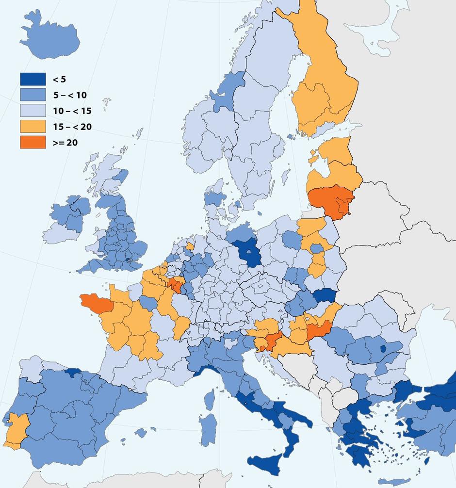 Legenda uz kartu pokazuje broj samoubojstava na sto tisuća stanovnika