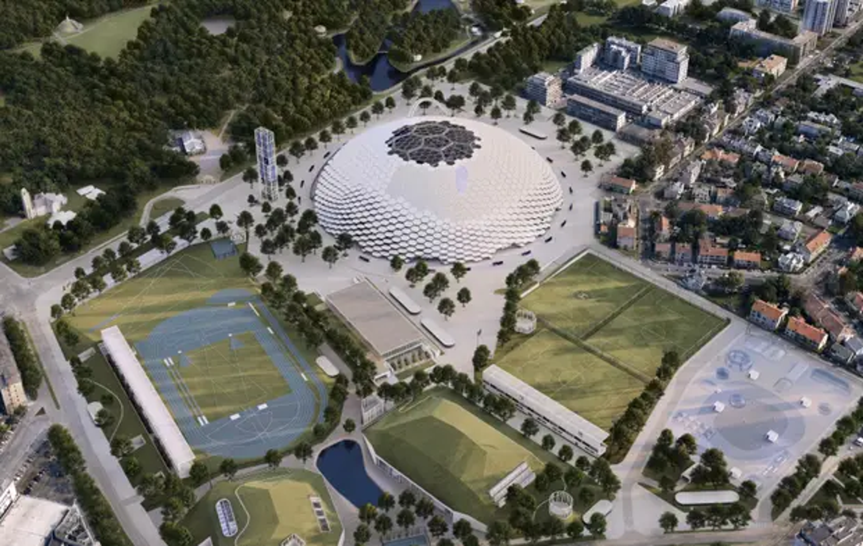 Kupola obavija stadion kao propusna klimatska ovojnica, jasno odvojena od gledališta kružnim aktivacijskim prstenom koji sadrži javne i servisne programe, ophode i prostore okupljanja. Podnožje i vitki vodotoranj dodatno definiraju siluetu kompleksa i pojačavaju njegovu prisutnost unutar lokacije. U širem obuhvatu sportske dvorane i atletski sadržaji stapaju se s ozelenjenim humcima, jezerima i vijugavim stazama, dok se fragmenti srušenih građevina ponovno koriste u krajobrazu kao dio novog parkovnog sustava koji se proteže prema Borongaju.